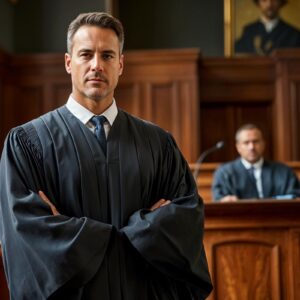male judge standing confidently in courtroom with colleagues seated behind