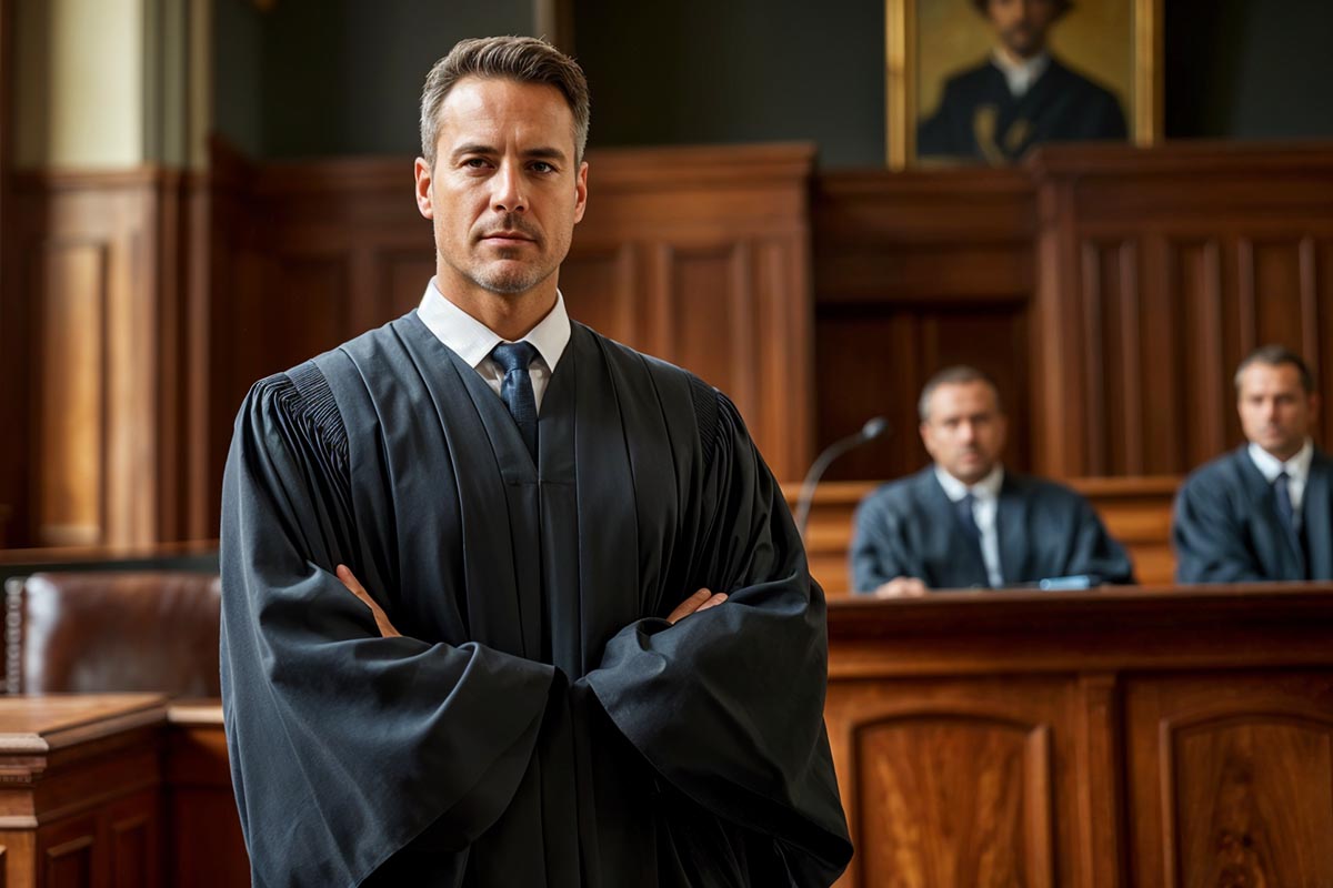 male judge standing confidently in courtroom with colleagues seated behind