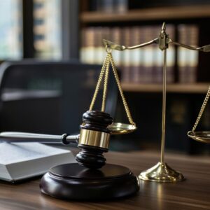 wooden gavel and golden scales of justice on desk with law books