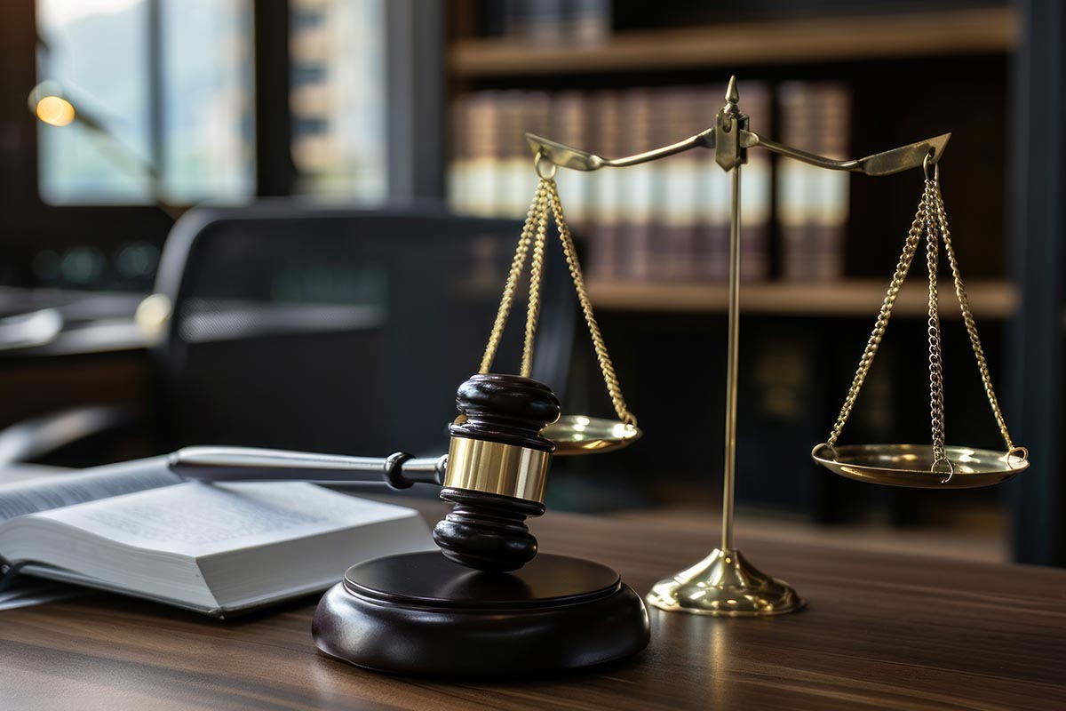 wooden gavel and golden scales of justice on desk with law books