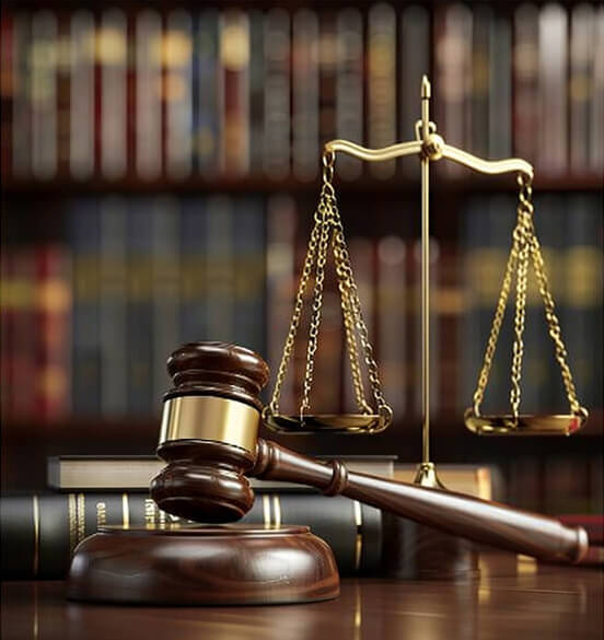 wooden gavel and golden scales of justice in front of law books